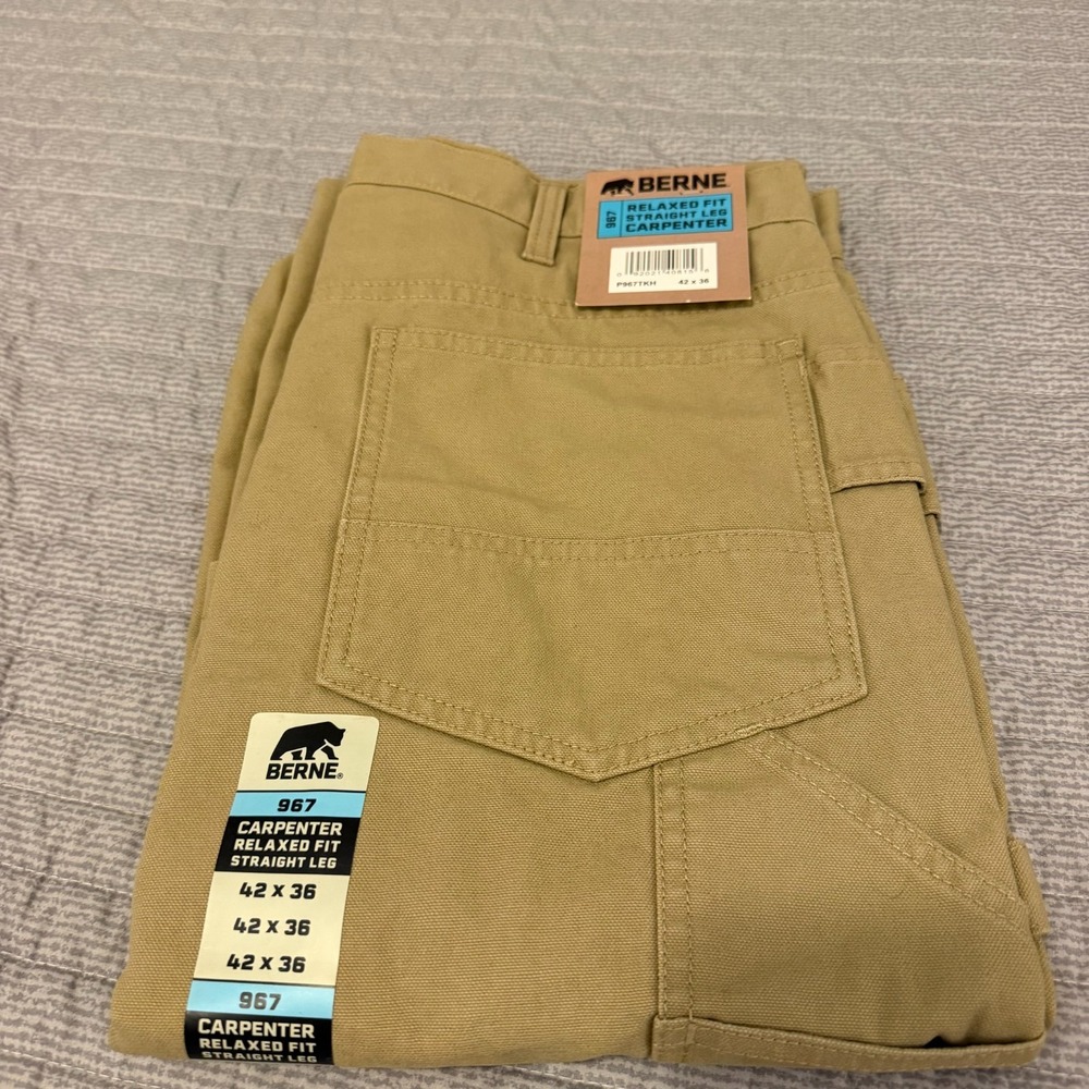Berne Men's Relaxed Fit Straight Leg Carpenter Canvas Pants Cargo 42 x 36 Khaki